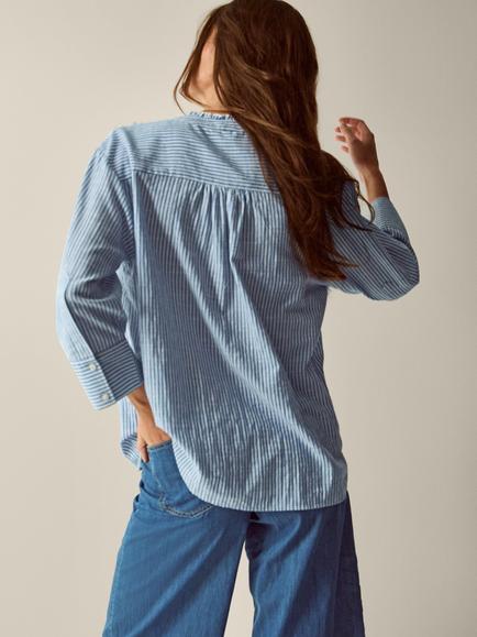 Monsoon Tanya Ruffle Long Sleeve Shirt, Blue - view 2, Blue