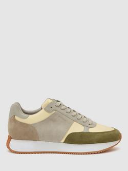 Reiss Ian Suede Lace Up Running Trainers, Ecru/Soft Sage, Ecru/Soft Sage