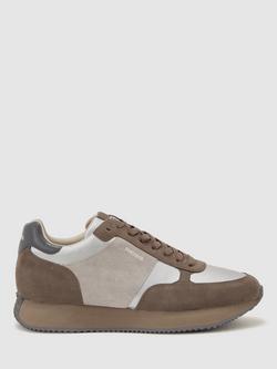 Reiss Ian Suede Lace Up Running Trainers, Soft Grey/Brown, Soft Grey/Brown