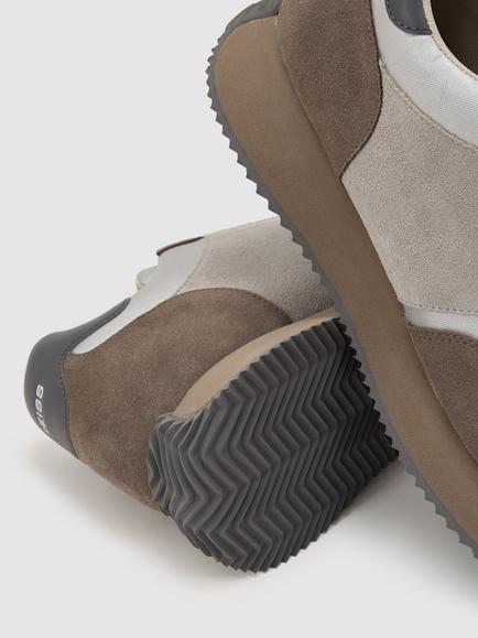 Reiss Ian Suede Lace Up Running Trainers, Ecru/Soft Sage - view 2, Soft Grey/Brown