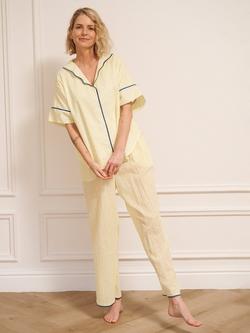 Their Nibs Stripe Button Through Short Sleeve Long Cotton Pyjama Set, Yellow, Yellow