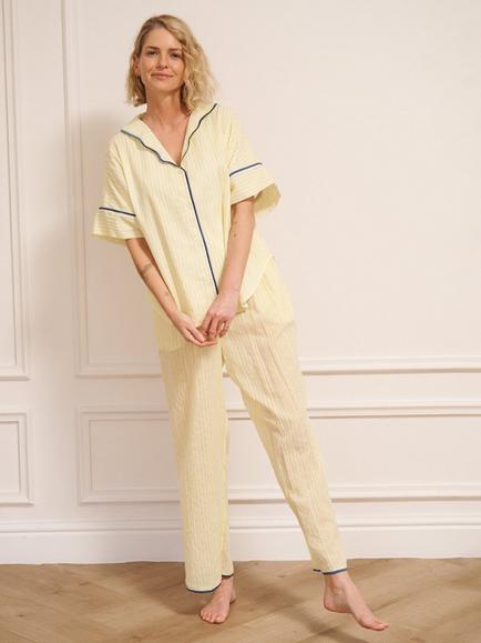 Their Nibs Stripe Button Through Short Sleeve Long Cotton Pyjama Set, Yellow, Yellow
