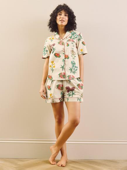 Their Nibs Wallpaper Button Through Short Cotton Pyjama Set, Natural, Natural