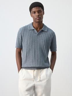 Mango Ribbed Cotton Polo Shirt, Indigo, Indigo