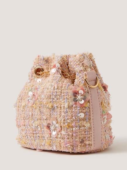 Monsoon Kids' Sequin Boucle Bucket Bag, Pink - view 2, Pink
