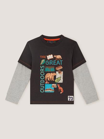 Monsoon Kids' Great Outdoors Long Sleeve T-Shirt, Grey, Grey