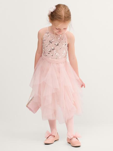 Monsoon Kids' Gracie Sequin Ruffle Occasion Dress, Pale Pink, Pale Pink