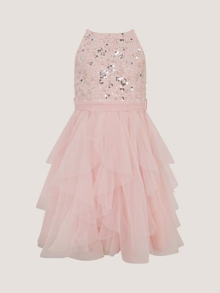 Monsoon Kids' Gracie Sequin Ruffle Occasion Dress, Pale Pink - view 2, Pale Pink