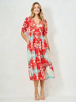 Hope & Ivy The Amal V-Neck Puff Sleeve Tea Dress, Red/Teal, Red/Teal