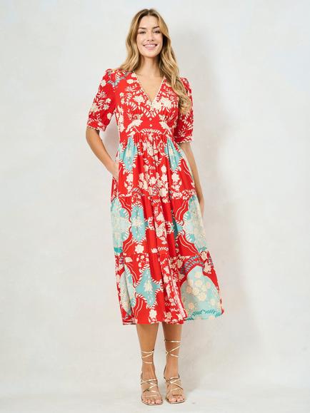 Hope & Ivy The Amal V-Neck Puff Sleeve Tea Dress, Red/Teal, Red/Teal