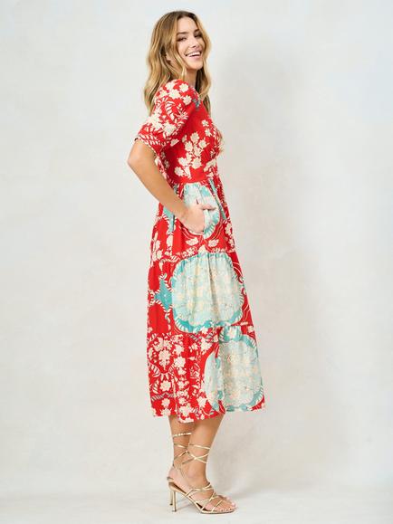 Hope & Ivy The Amal V-Neck Puff Sleeve Tea Dress, Red/Teal - view 2, Red/Teal