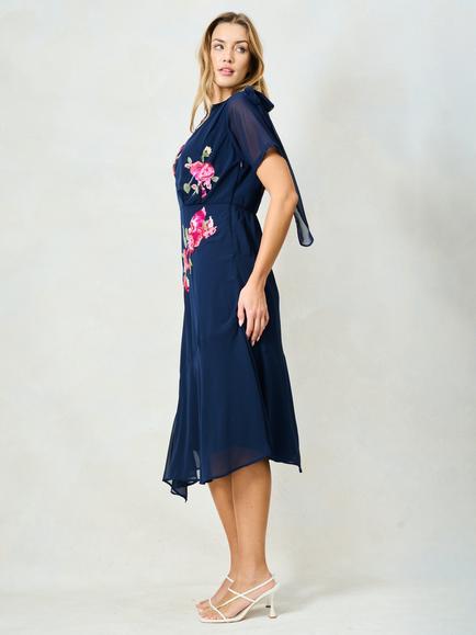 Hope & Ivy The Aubree Short Sleeve Embellished Midi Dress, Navy - view 2, Navy