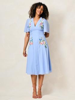 Hope & Ivy The Calliope Embroidered Flutter Sleeve Dress, Blue, Blue
