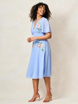 Hope & Ivy The Calliope Embroidered Flutter Sleeve Dress, Blue - view 2, Blue