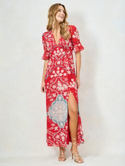 Hope & Ivy The Imane Frill Sleeve Thigh Split Maxi Dress, Red/Teal, Red/Teal