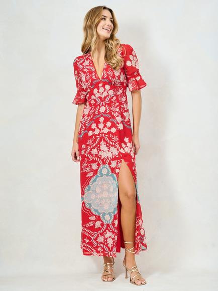 Hope & Ivy The Imane Frill Sleeve Thigh Split Maxi Dress, Red/Teal, Red/Teal