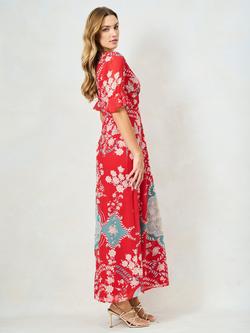 Hope & Ivy The Imane Frill Sleeve Thigh Split Maxi Dress, Red/Teal - view 2, Red/Teal
