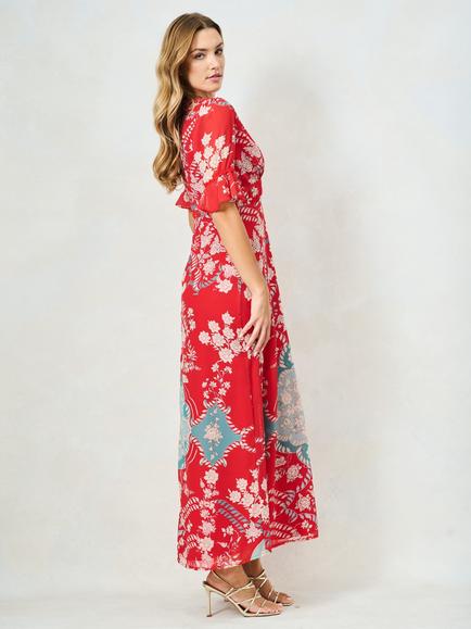 Hope & Ivy The Imane Frill Sleeve Thigh Split Maxi Dress, Red/Teal - view 2, Red/Teal