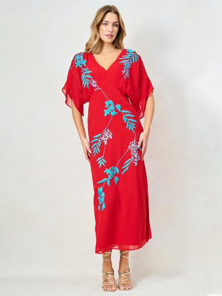 Hope & Ivy The Inara Embroidered V-Neck Midi Tie Back Dress, Red, Red