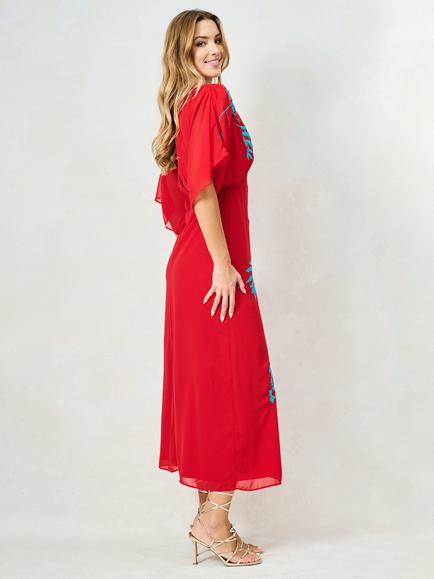 Hope & Ivy The Inara Embroidered V-Neck Midi Tie Back Dress, Red - view 2, Red