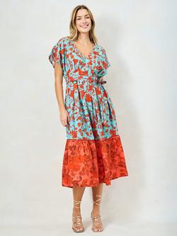 Hope & Ivy The Marium Mixed Florals V-Neck Midi Dress, Teal/Red, Teal/Red