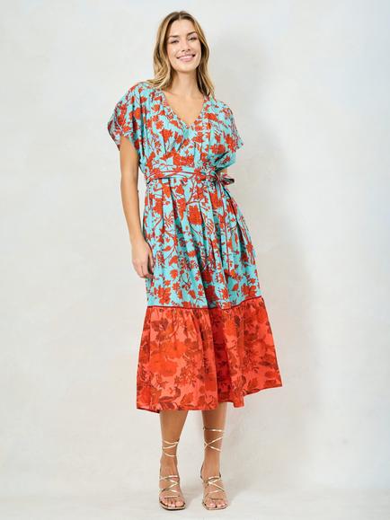 Hope & Ivy The Marium Mixed Florals V-Neck Midi Dress, Teal/Red, Teal/Red