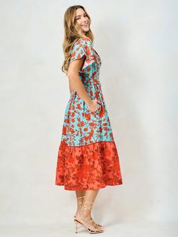 Hope & Ivy The Marium Mixed Florals V-Neck Midi Dress, Teal/Red - view 2, Teal/Red