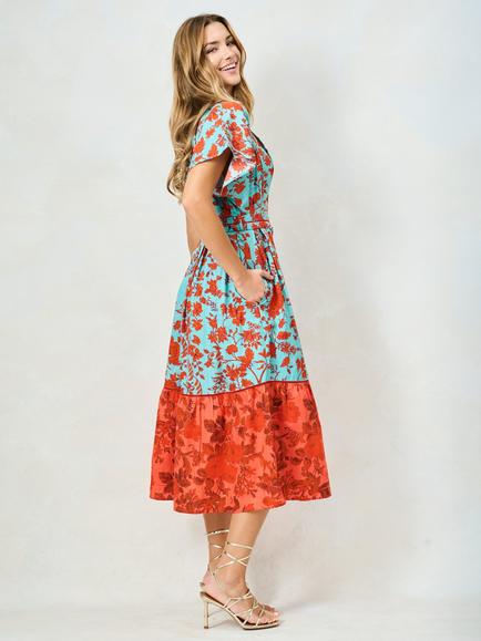 Hope & Ivy The Marium Mixed Florals V-Neck Midi Dress, Teal/Red - view 2, Teal/Red