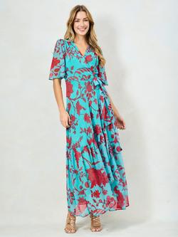 Hope & Ivy The Nikita Floral Flutter Sleeve Maxi Dress, Teal/Red, Teal/Red