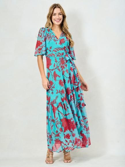 Hope & Ivy The Nikita Floral Flutter Sleeve Maxi Dress, Teal/Red, Teal/Red