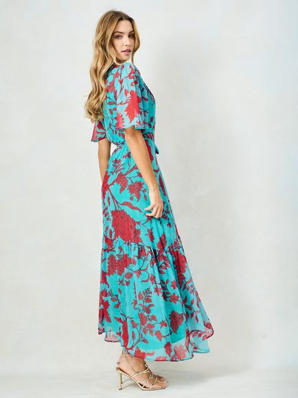 Hope & Ivy The Nikita Floral Flutter Sleeve Maxi Dress, Teal/Red - view 2, Teal/Red