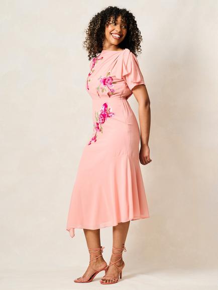 Hope & Ivy The Sienna-May Short Sleeve Embellished Midi Dress, Pink - view 2, Pink