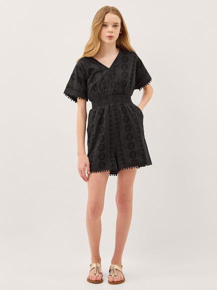 Monsoon Kids' Short Sleeve Broderie Playsuit, Black, Black