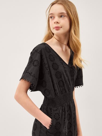 Monsoon Kids' Short Sleeve Broderie Playsuit, Black - view 2, Black