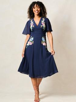Hope & Ivy The Zaynab Embroidered Flutter Sleeve Midi Dress, Navy, Navy