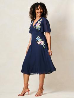 Hope & Ivy The Zaynab Embroidered Flutter Sleeve Midi Dress, Navy - view 2, Navy