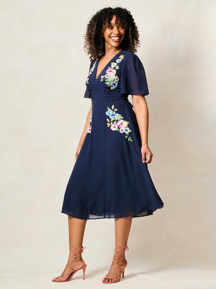 Hope & Ivy The Zaynab Embroidered Flutter Sleeve Midi Dress, Navy - view 2, Navy