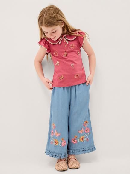 Monsoon Kids' Floral Wide Trousers, Blue, Blue