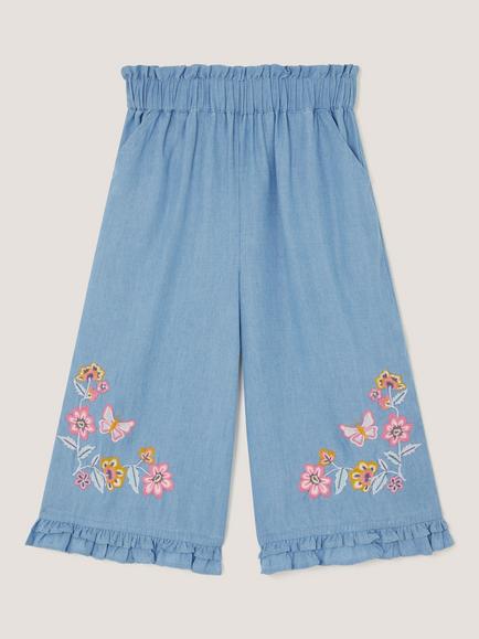 Monsoon Kids' Floral Wide Trousers, Blue - view 2, Blue