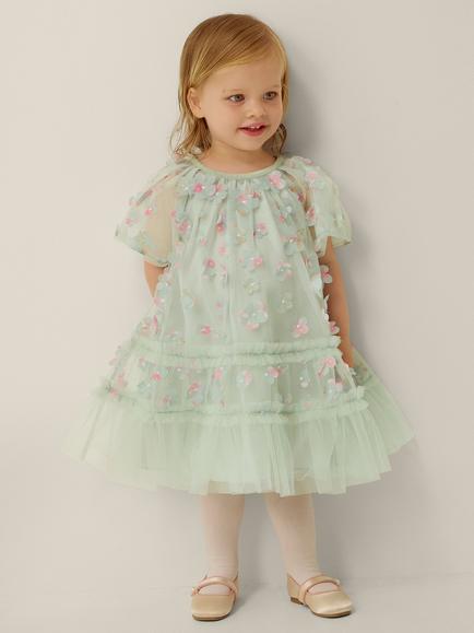 Monsoon Baby Kala 3D Floral Swing Dress, Sage, Sage