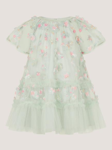 Monsoon Baby Kala 3D Floral Swing Dress, Sage - view 2, Sage