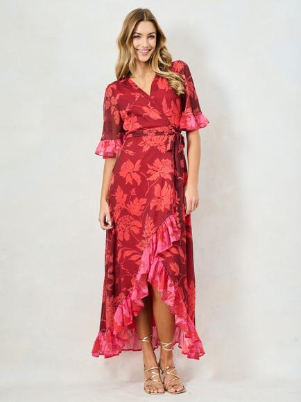Hope & Ivy The Celestine Floral Contrast Frill Maxi Wrap Dress, Multi, Multi