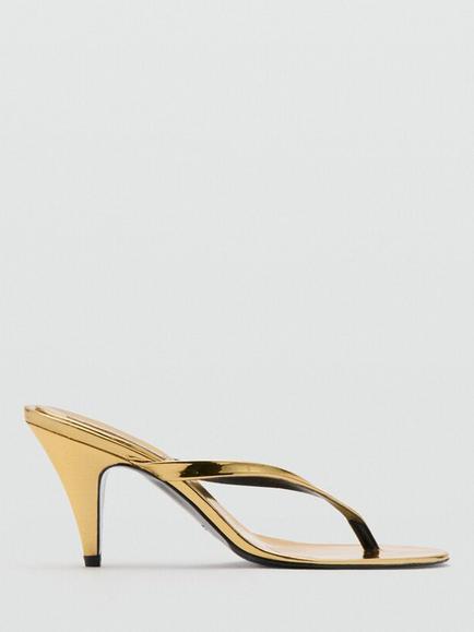 Mango Sculptural Luminous Thong Heeled Sandals, Gold, Gold
