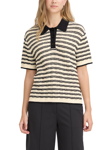 ICHI Ihchany Knitted Polo Shirt, Black/Cream, Black/Cream
