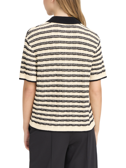 ICHI Ihchany Knitted Polo Shirt, Black/Cream - view 2, Black/Cream