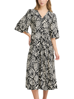 ICHI Ihfarzo V-Neck Abstract Printed Midi Dress, Black, Black