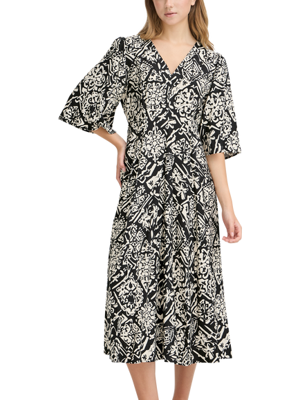 ICHI Ihfarzo V-Neck Abstract Printed Midi Dress, Black, Black