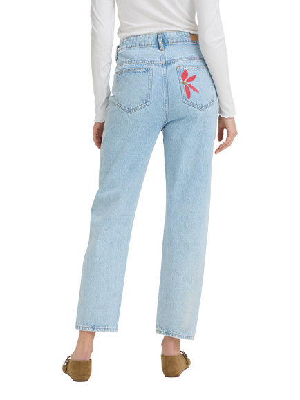 ICHI Ihbauve Floral Embroidered Mid Rise Straight Jeans, Light Blue - view 2, Light Blue