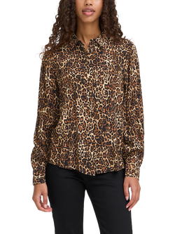 ICHI Ihezona Leopard Print Collard Draped Shirt, Brown, Brown