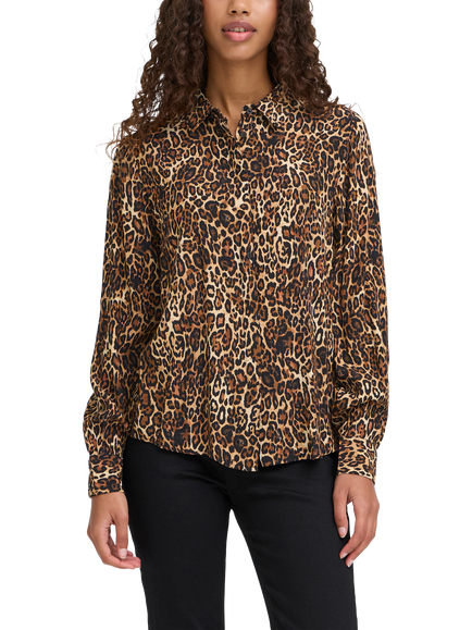 ICHI Ihezona Leopard Print Collard Draped Shirt, Brown, Brown